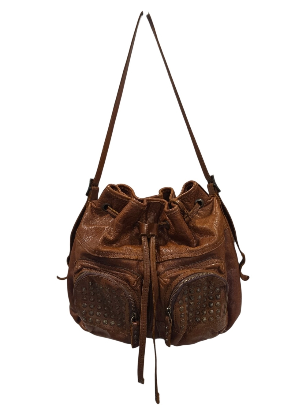 FRYE BROOKE STUDDED DRAWSTRING LEATHER BAG